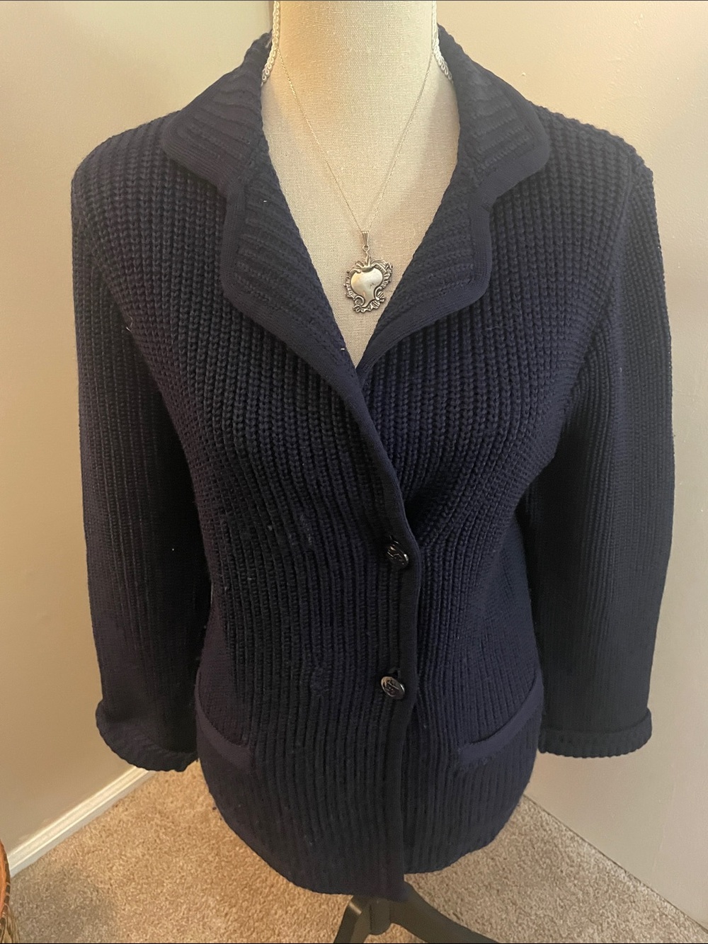 Lily Simon  Navy Ribbed Shawl-Collar anchor Button Cardigan made in France